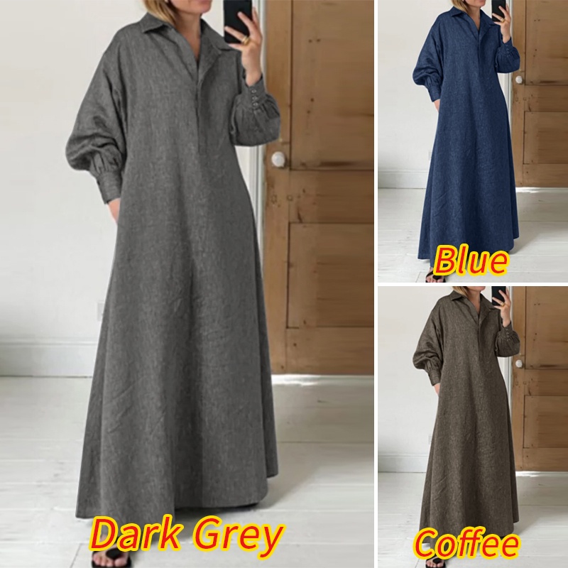 Đầm dài Zanzea cài nút cổ bẻ tay phồng thời trang cho nữ