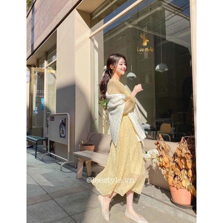 Đầm maxi, váy hoa nhí, váy hoa voan tơ vàng phong cách hàn quốc