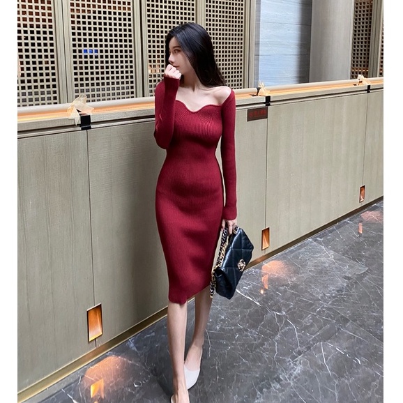 Cocory vn Đầm maxi dệt kim dài tay cổ vuông dáng ôm thời trang gợi cảm dành cho nữ