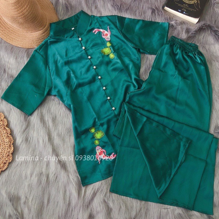 Đồ Lam ĐI CHÙA MẪU CÁ NGọcTHÊU HOA SEN VẢI LỤA SATIN MỊN