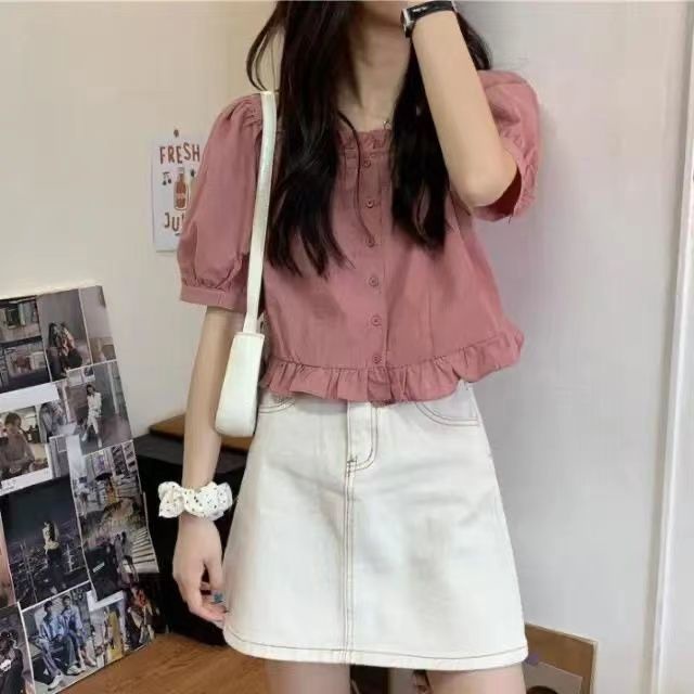 Áo Sơ Mi Cổ Vuông Tay Ngắn Thời Trang Mùa Hè Phong Cách Pháp Ngọt Ngào Cho Nữ