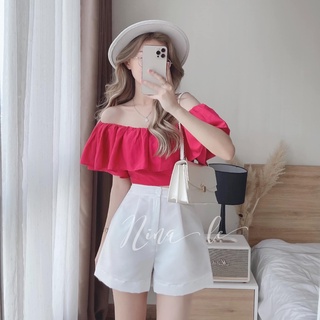 Set áo bèo trễ vai lưng chun co giãn + short đùi chất vải mềm mịn thoải mái
