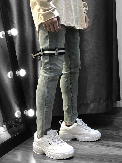  Quần skinny jeans phối đai, cắt gấu