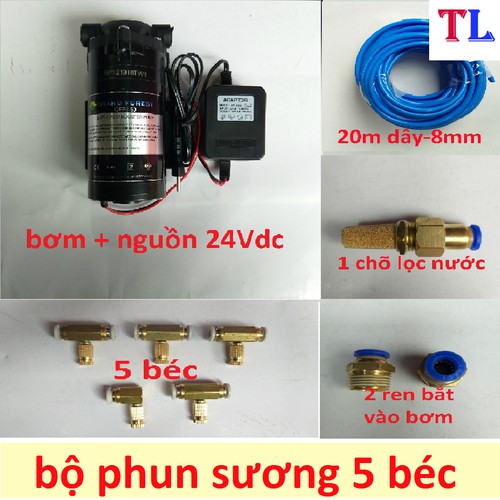 Bộ máy bơm phun sương 5 béc (combo bộ bơm 24v-5 béc)