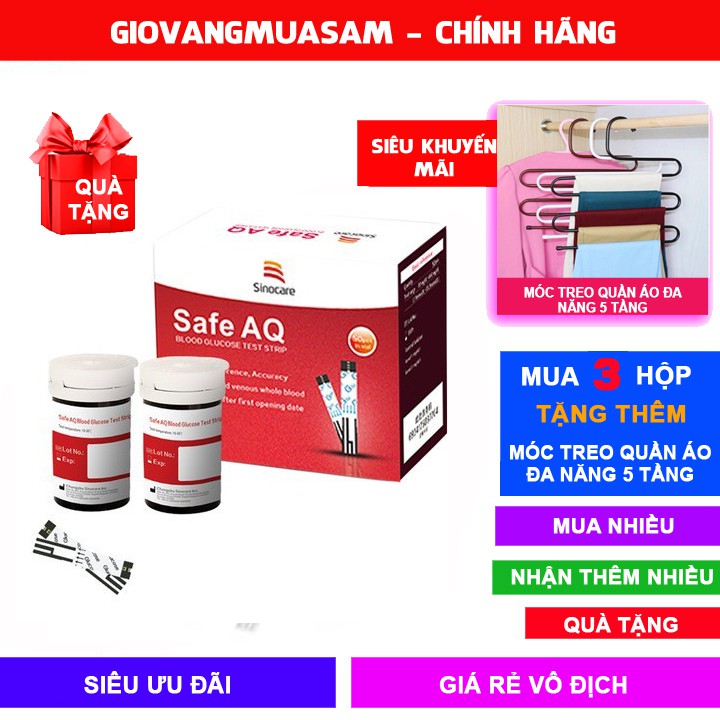 Hộp 50 que thử đường huyết Sinocare Safe AQ + Tặng 50 kim chích máu Date dài + mua 3 hộp tặng móc treo quần áo 5 tầng