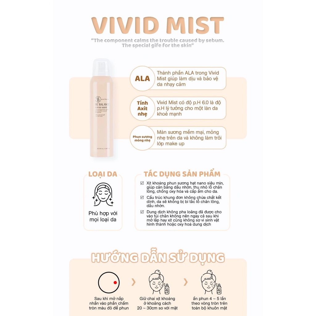 Xịt Khoáng Vivid Mist Be'Balance Hàn Quốc chính hãng Dung tích 100ml