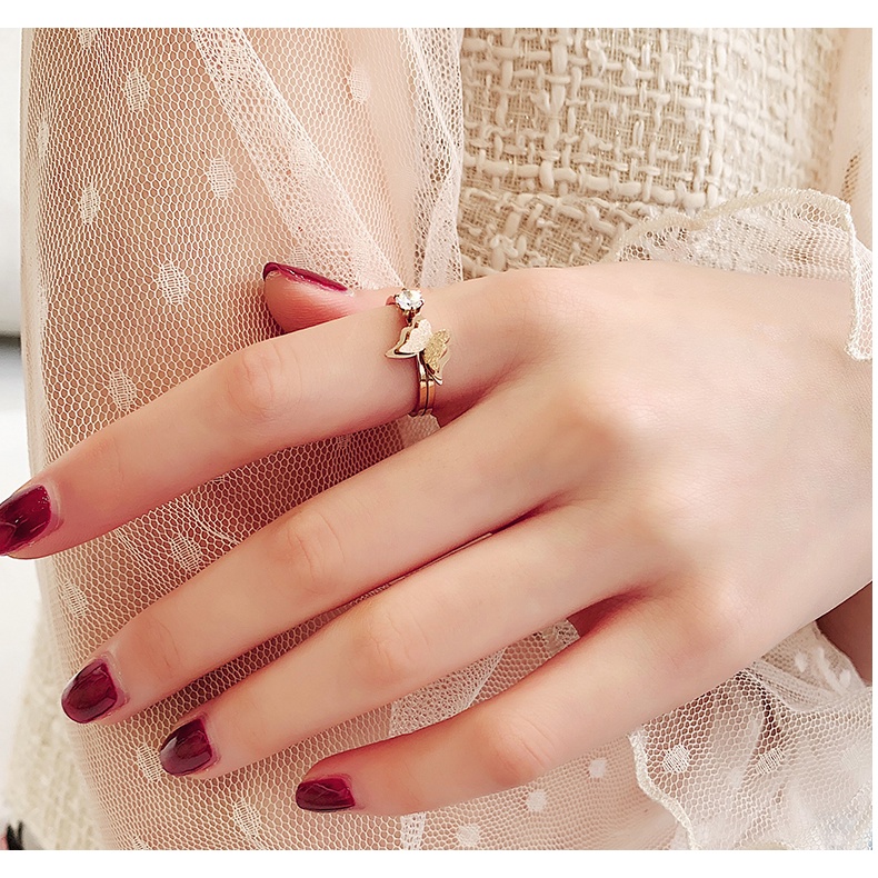 Nhẫn MAYEBE LAVEND bằng thép titan màu vàng hồng không phai phối mặt bướm/ đính đá đơn giản phong cách Hàn Quốc