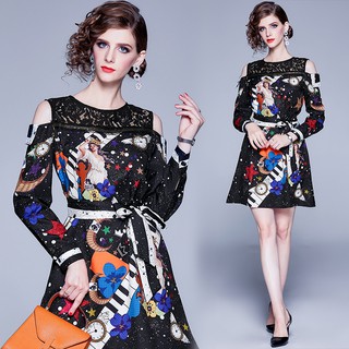 Casual Off Shoulder Long Sleeve Lace Patchwork Printed Dress Slim Waist With Lacing Mini Dresses