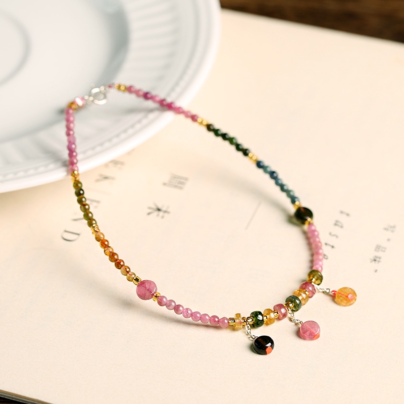 [Hàng Mới Về] Lắc Chân Bạc S925 Đính Hạt Tourmaline Tự Nhiên Thời Trang Xuân Hè Cho Nữ