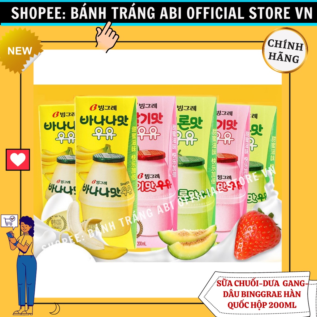 Sữa Tiệt Trùng Vị Trái Cây Binggrae Milk Drink Nhập Khẩu Hàn Quốc 3 vị chuối-dưa gan-dâu 200ml hộp