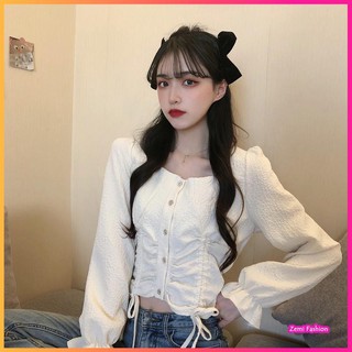 Áo Sơ Mi Nữ CropTOP, Áo Sơ Mi Cổ Vuông Rút Dây Ngực Ulzzang