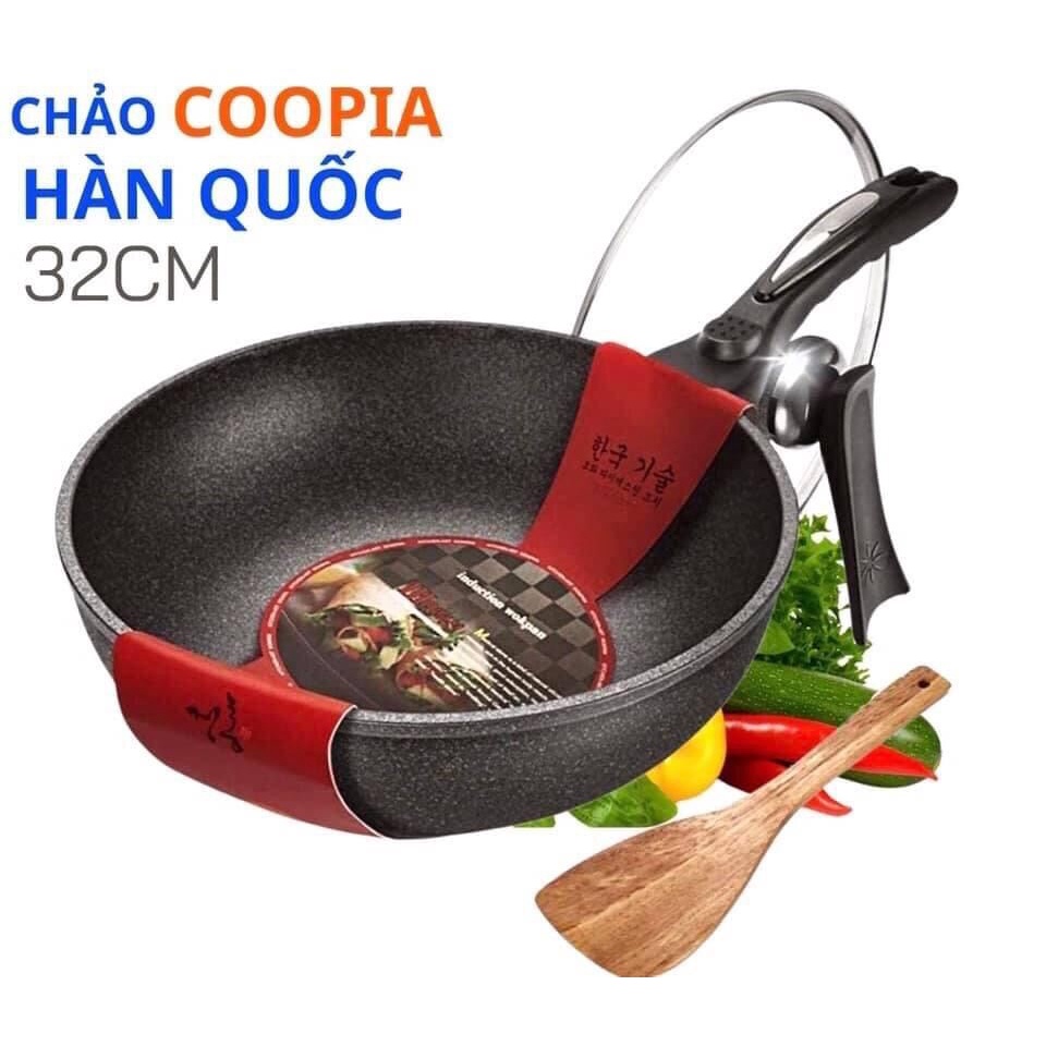 (Tặng vá gỗ cực đẹp) Chảo Chống Dính Sâu Lòng Đá Coopia Hàn Quốc siêu bền size 32cm có nắp đậy chắc chắn