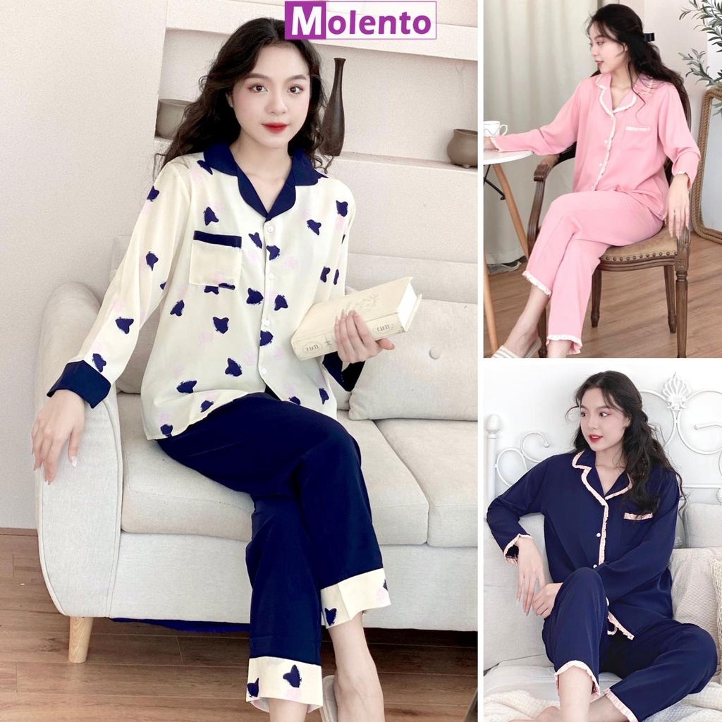 Bộ Pijama Lụa Dài Tay Ngủ Mặc Nhà Cao Cấp Nữ Lụa Mango Trơn Viền Bèo Thanh Lịch Màu Sắc Trẻ Trung Có Size MOLENTO M48