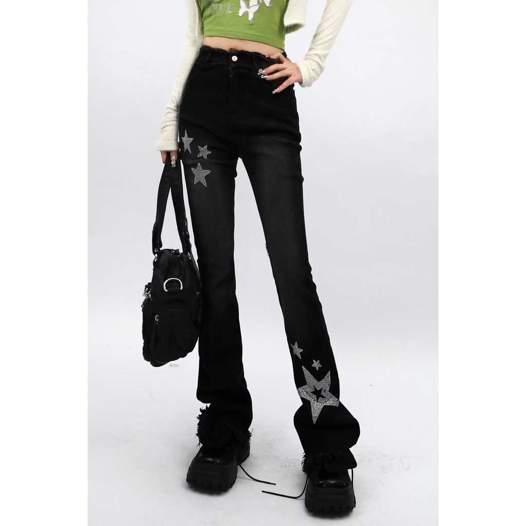 Quần Jeans Ống Loe Lưng Cao Đính Đá Màu Đen Phong Cách Đường Phố Mùa Xuân Y2k Cho Nữ