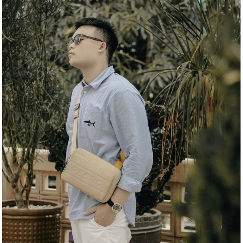 Set túi đeo chéo Nam Pedro kèm ví tròn hàng đẹp căng đét chuẩn Au size 25