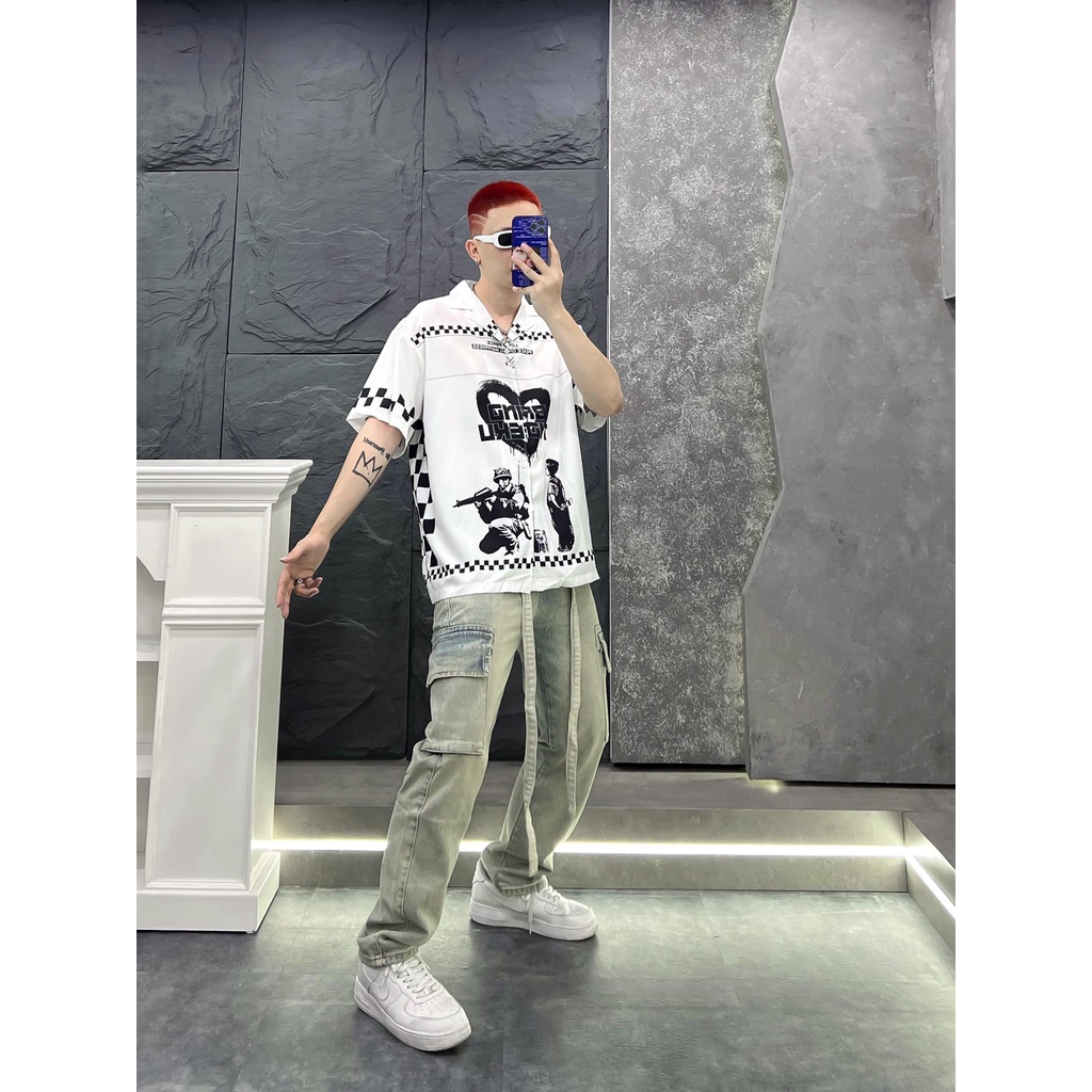 Áo sơ mi hình họa tiết _ Quần jeans dài túi hộp 94.host