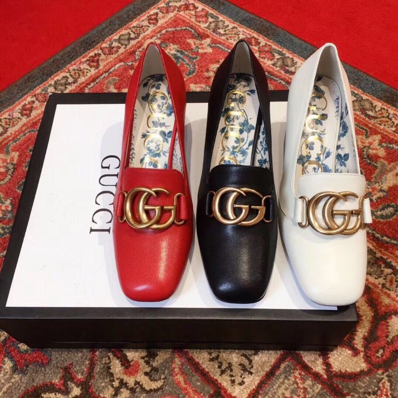 giày cao gót nữ da thật mũi vuông quai logo GG đế 5cm Gucci GC