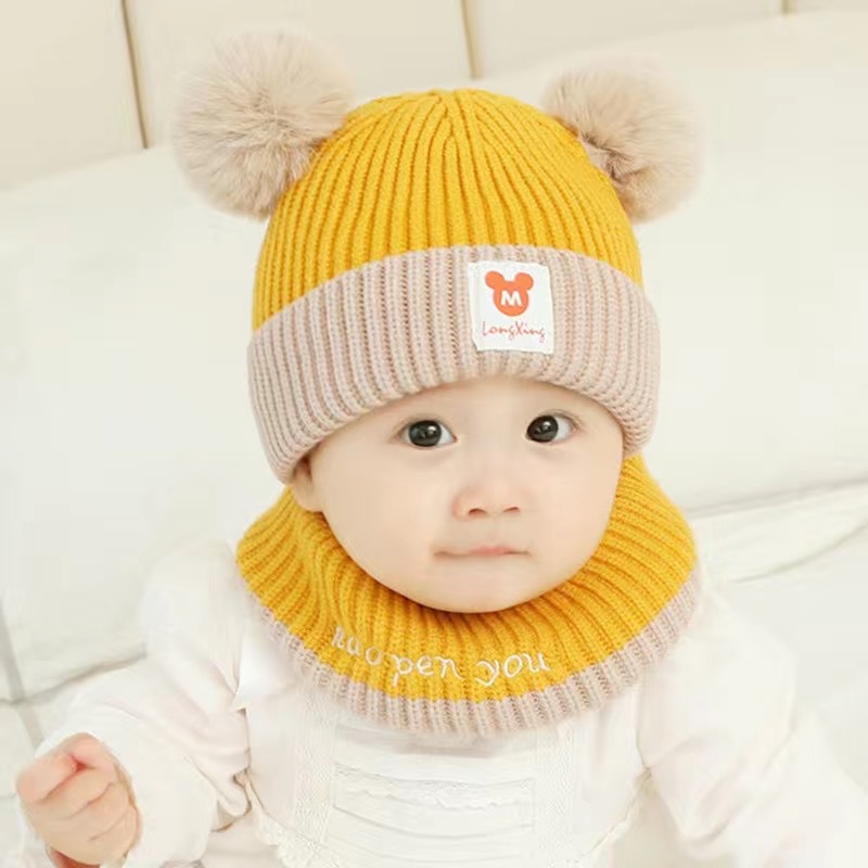 Mũ Len Micky 2 Quả Bông Kèm Khăn Ống Cho Bé 6-24 Tháng- lót lông