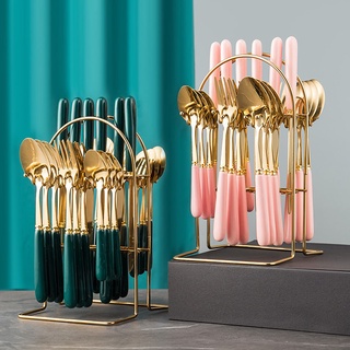 Dụng cụ trang trí chất lượng cao❤Set 24 muỗng nĩa bằng thép không gỉ tay cầm bằng sứ