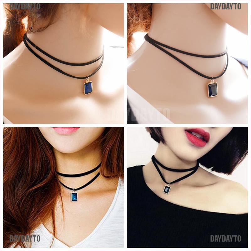 Vòng choker phong cách gothic retro bằng vải nhung màu đen mặt đính đá pha lê [DAYDAYTO]