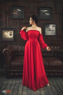 ĐẦM MAXI ĐỎ BẸT VAI (KÈM HÌNH THẬT)