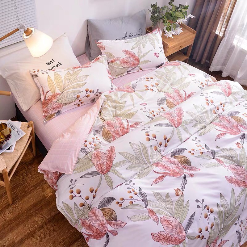 set chăn ga poly cotton lá hồng