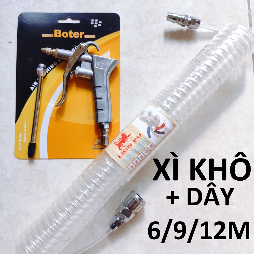 xì khô BOTER 1 đầu đồng + dây hơi 6/9/12m, súng xịt hơi thổi bui dùng khí nén