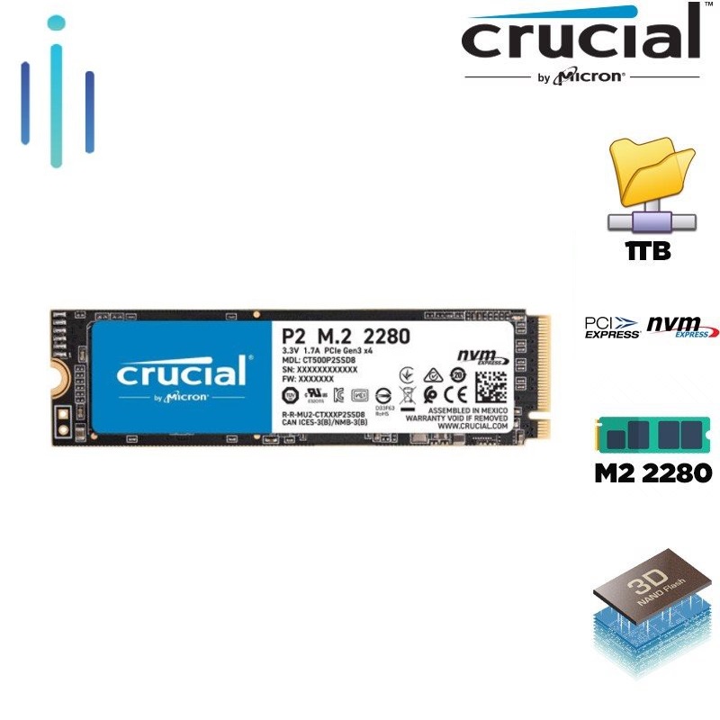 SSD Crucial P2 1TB NVMe PCIe Gen 3x4 M.2 2280 - CT1000P2SSD8