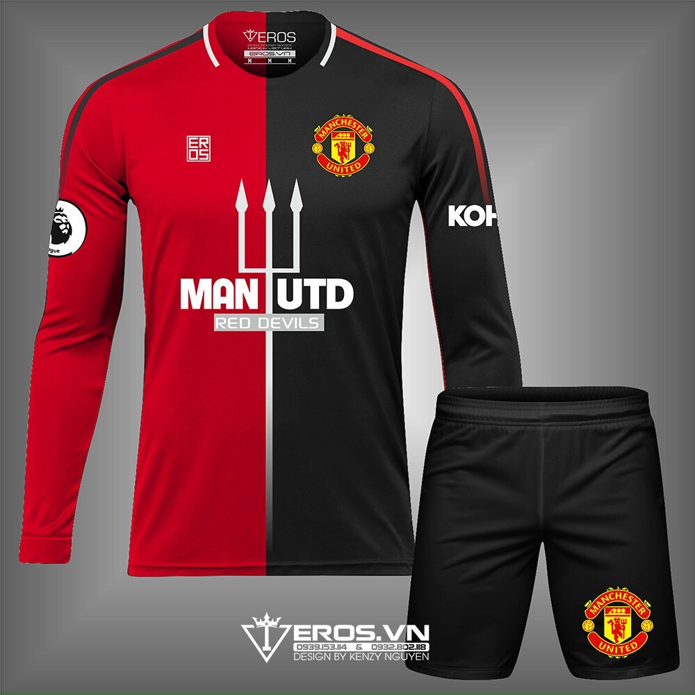 Bộ quần áo đá banh MU Đỏ đen Tay dài Thun Eros cao cấp T02