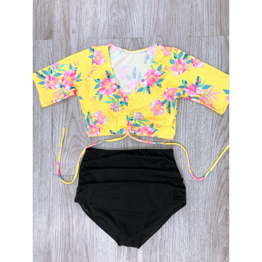 Bikini hai mảnh áo hoa vàng  cọc tay váy xoè mặc đi biển đi bơi ( Đảm bảo như hình)