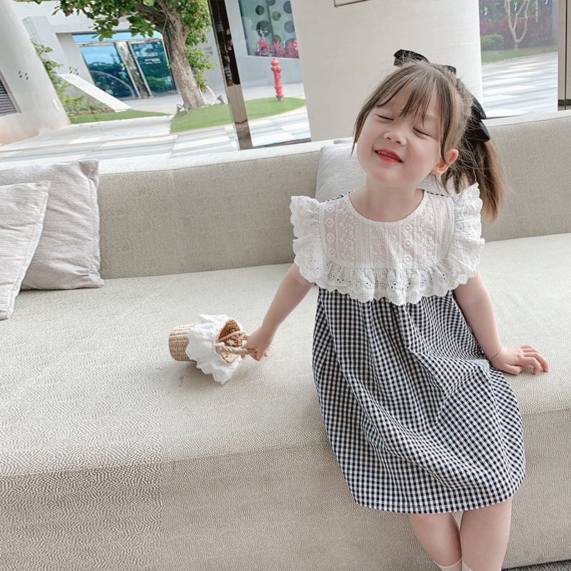 Đầm Công Chúa Sát Nách Dáng Rộng Kẻ Sọc Ca Rô Phối Ren Dễ Thương Cho Bé Gái