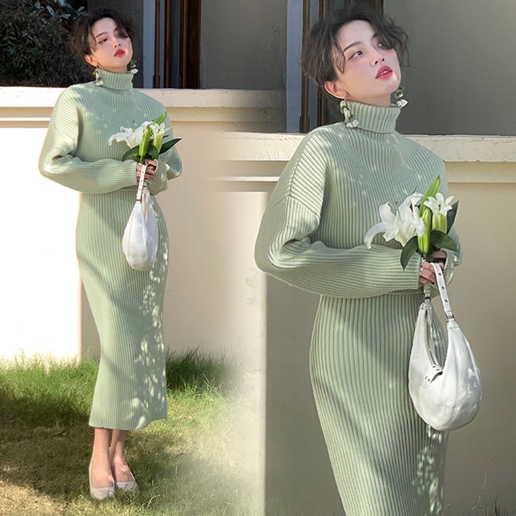 Bộ Áo sweater Cổ Lọ Dáng Rộng + Đầm Dệt Kim Dáng Dài Ôm Hông Kiểu retro Pháp Thời Trang Mùa Đông Cho Nữ