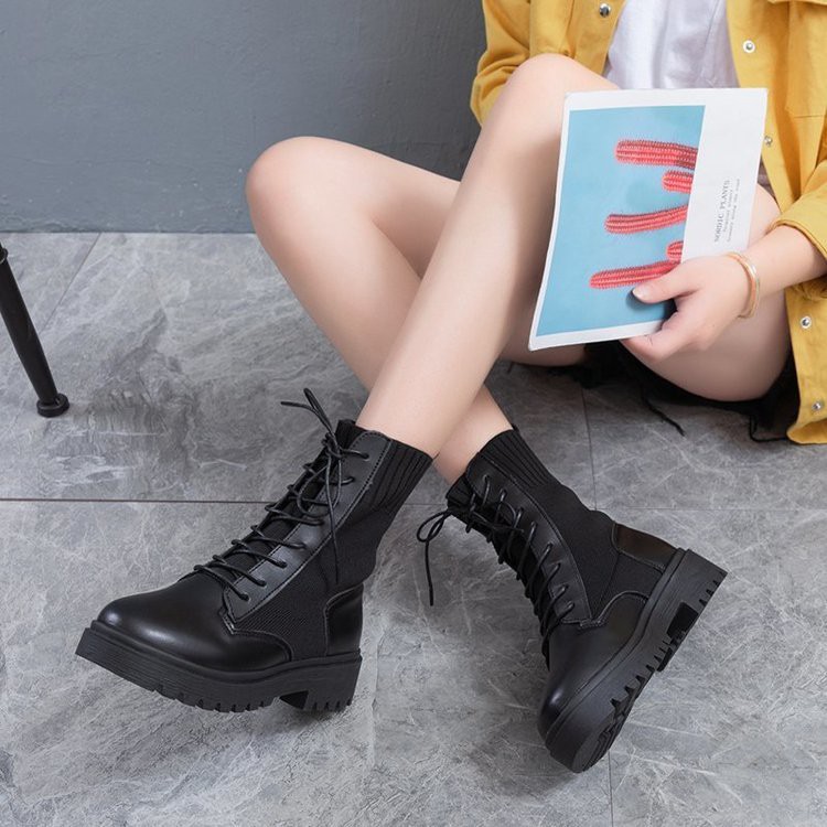 (HÀNG CÓ SẴN) GIÀY BOOTS BỐT NỮ LEN PHỐI DA DÂY BUỘC