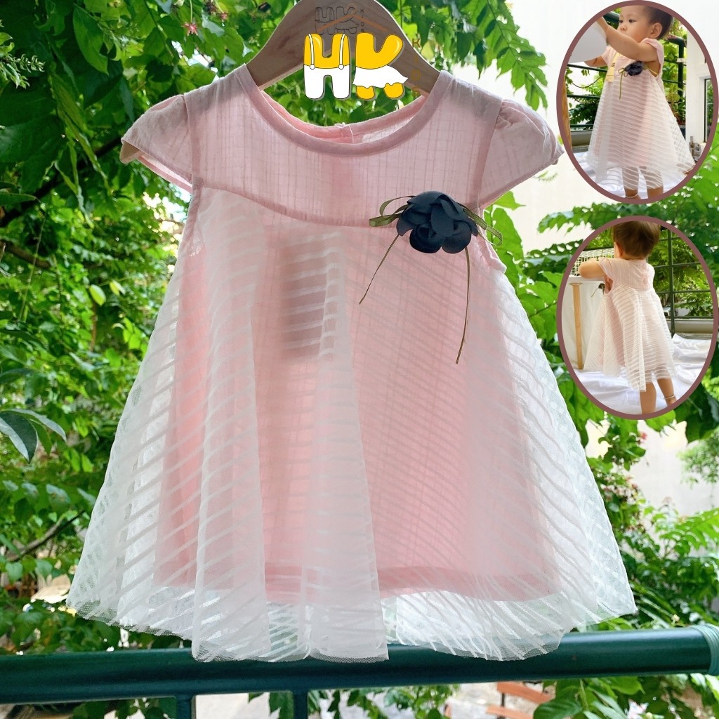 Váy Babydoll đính hoa hồng cho bé gái từ 1-4 tuổi, chất thô mềm mại phối voan kẻ trắng xinh xắn cho bé diện hè