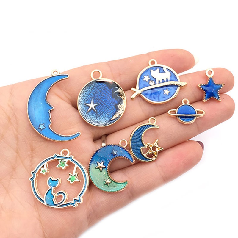 Set 8 Mặt Vòng cổ/Khuyên Tai/Vòng cổ Thủ Công Hình Trăng Sao Màu Xanh DIY