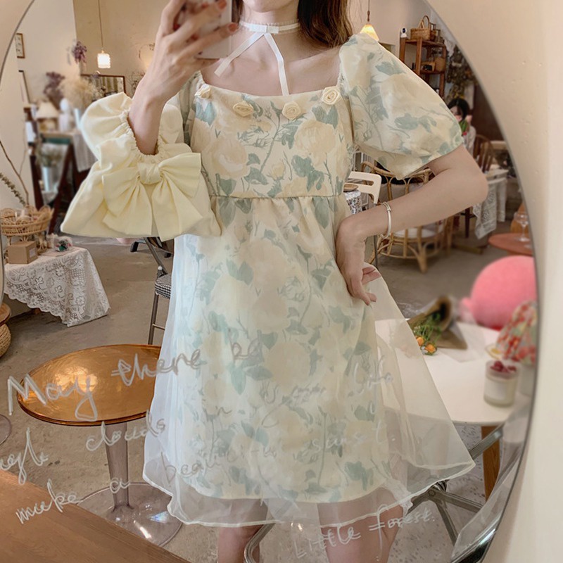 Đầm Tay Ngắn Cổ Vuông Phối Lưới In Họa Tiết Dễ Thương Thời Trang Mùa Hè Cho Nữ