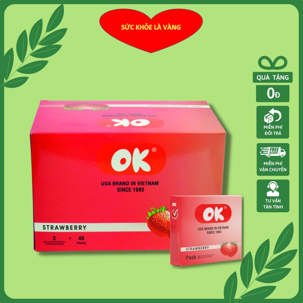 Bao cao su OK hương dâu – Hộp lớn 144 cái (hộp 3 cái x 48 hộp nhỏ) - Giá rẻ - Hàng Việt Nam Chất Lượng Cao.