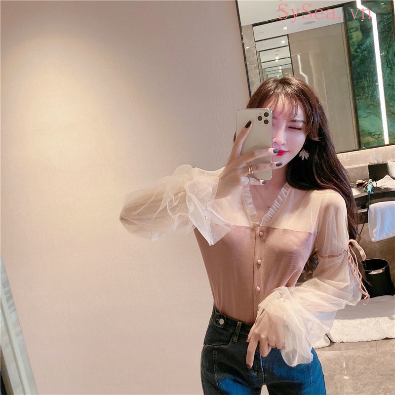 Áo nữ tay dài cổ V phong cách thanh lịch nữ tính