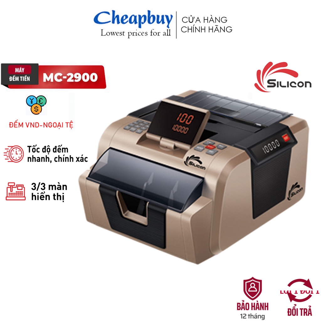 Máy đếm tiền tự động nhập khẩu Silicon MC-2900,Tốc độ đếm ≥1000 tờ/phút, 3 màn hình, Chính hãng bảo hành 1 năm