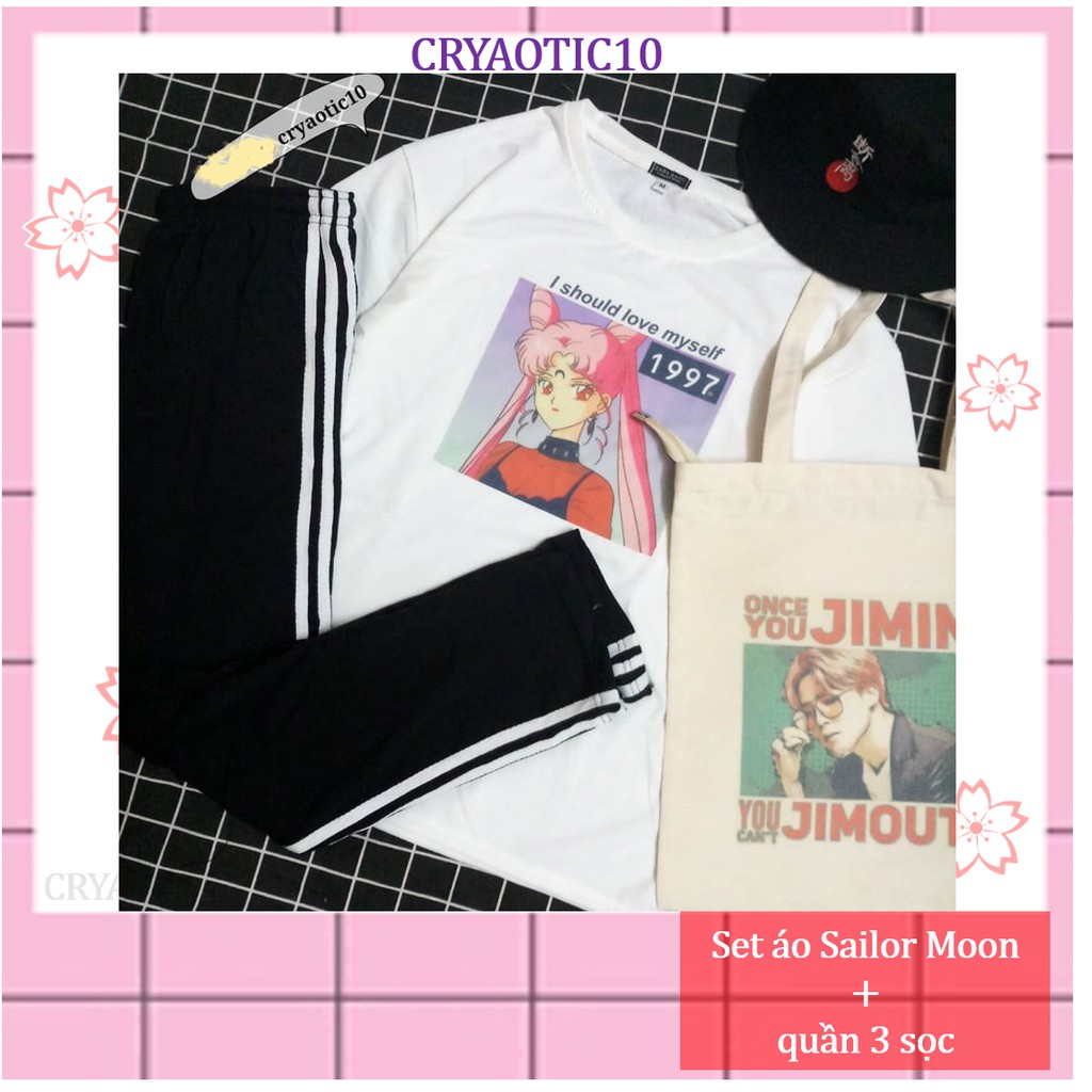 [COMBO TIẾT KIỆM] Set 1 áo tay lửng Sailor moon Love Yourself 1997 + 1 quần đen 3 sọc trắng unisex cryaotic10