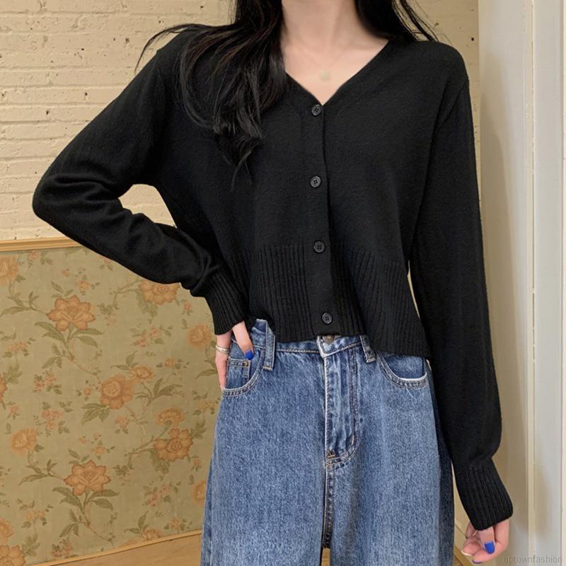 Áo Cardigan Dệt Kim Mỏng Dáng Ngắn Màu Trơn Phong Cách Hàn Quốc Thời Trang Mùa Thu