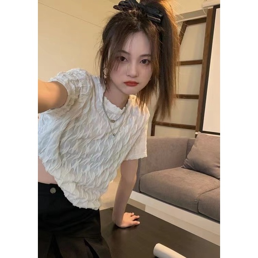 Áo Thun Nữ Ngắn Tay Cổ Tròn Phối Ren Thời Trang Hàn Quốc
