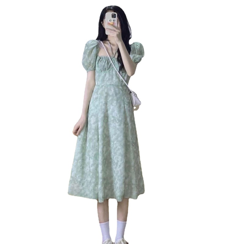 Đầm Midi Dáng Chữ A Cổ Vuông Tay Ngắn Phồng In Họa Tiết Hoa Phong Cách Pháp Cổ Điển Thời Trang Mùa Hè Cho Nữ
