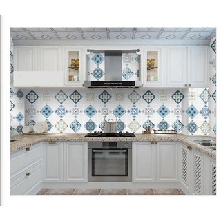 3m Decal dán bếp tráng nhôm cách nhiệt 60cm - ô hoa xanh dương trắng NL1100
