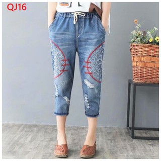 [40-90kg] Quần jean BIG SIZE nữ sờn thêu họa tiết MS16 BIG SIZE cạp chun co dãn