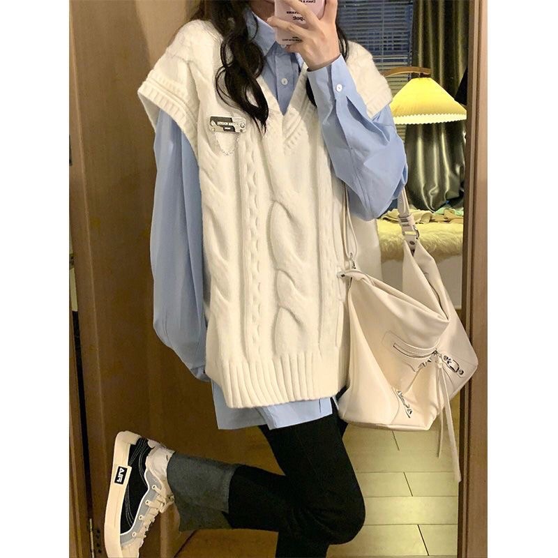 Áo gile len nữ trắng áo gile form rộng cá tính shop Lee Boutique