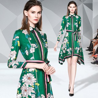 Autumn Striped Printed Contrast Color Long Sleeve Elegant Dresses O Neck Slim Fit A Line Dress Green