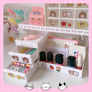 Khay kệ đựng đồ, mỹ phẩm để bàn đa năng, đặc biệt 3 tầng, có thêm ngăn kéo, tặng kèm sticker trang trí