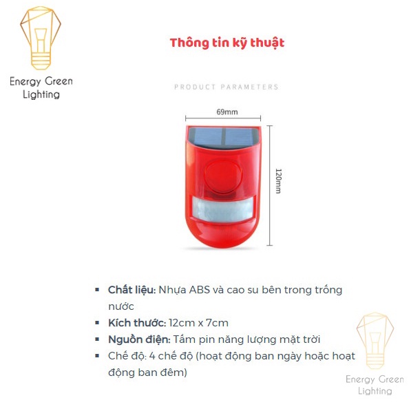 Đèn Báo Động Cảm Biến Energy Green Lighting - Sử Dụng Năng Lượng Mặt Trời MT-12069 - Có chức năng sạc điện