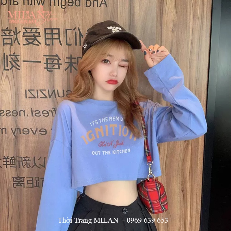 Áo croptop nữ tay dài cổ tròn lọ form dáng rộng kiểu hàn quốc cá tính hở lưng eo in chữ vải cotton dày xốp đi biển ở nhà
